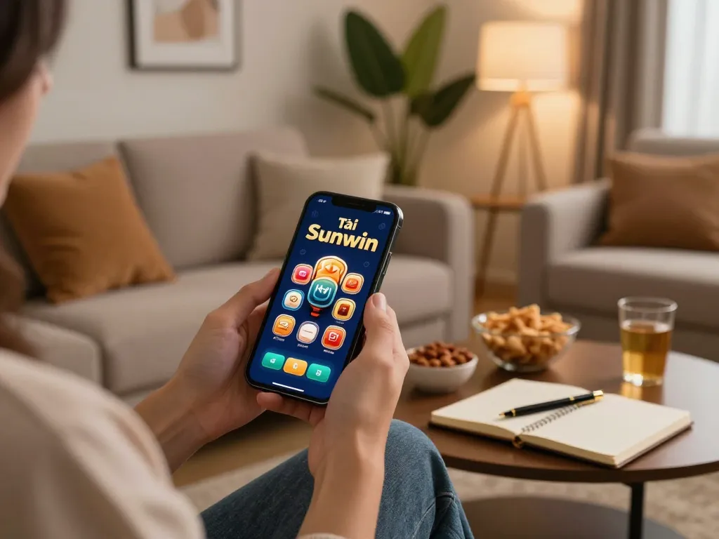 Tải Sunwin app displayed on smartphone during online gaming session in a cozy living room setting.