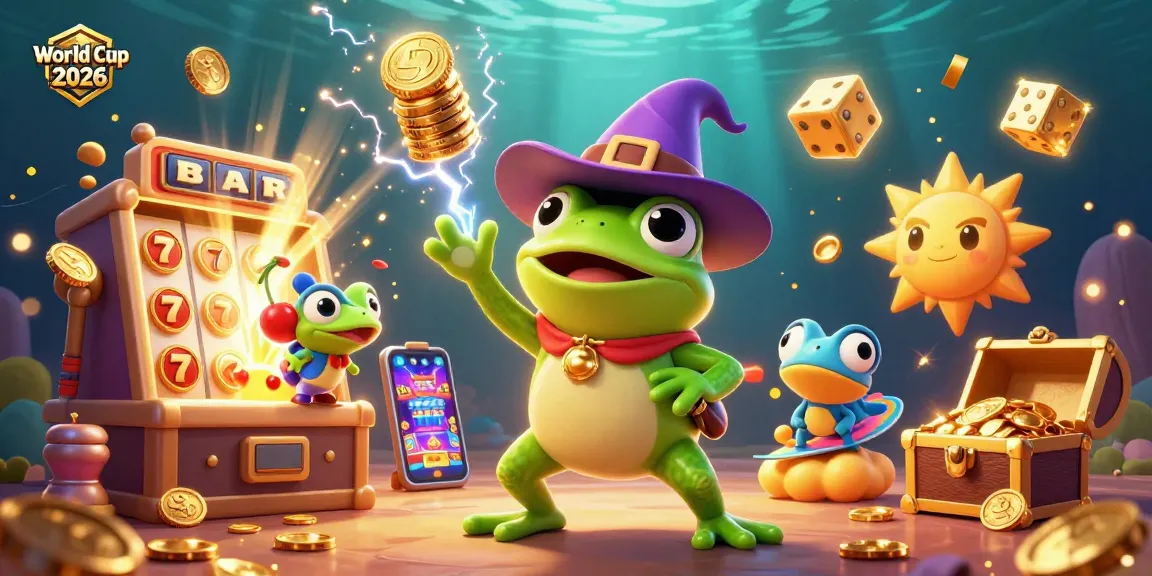 Experience the excitement of World Cup 2026 with a vibrant casino scene featuring a lively weather wizard frog and a rainbow chameleon.