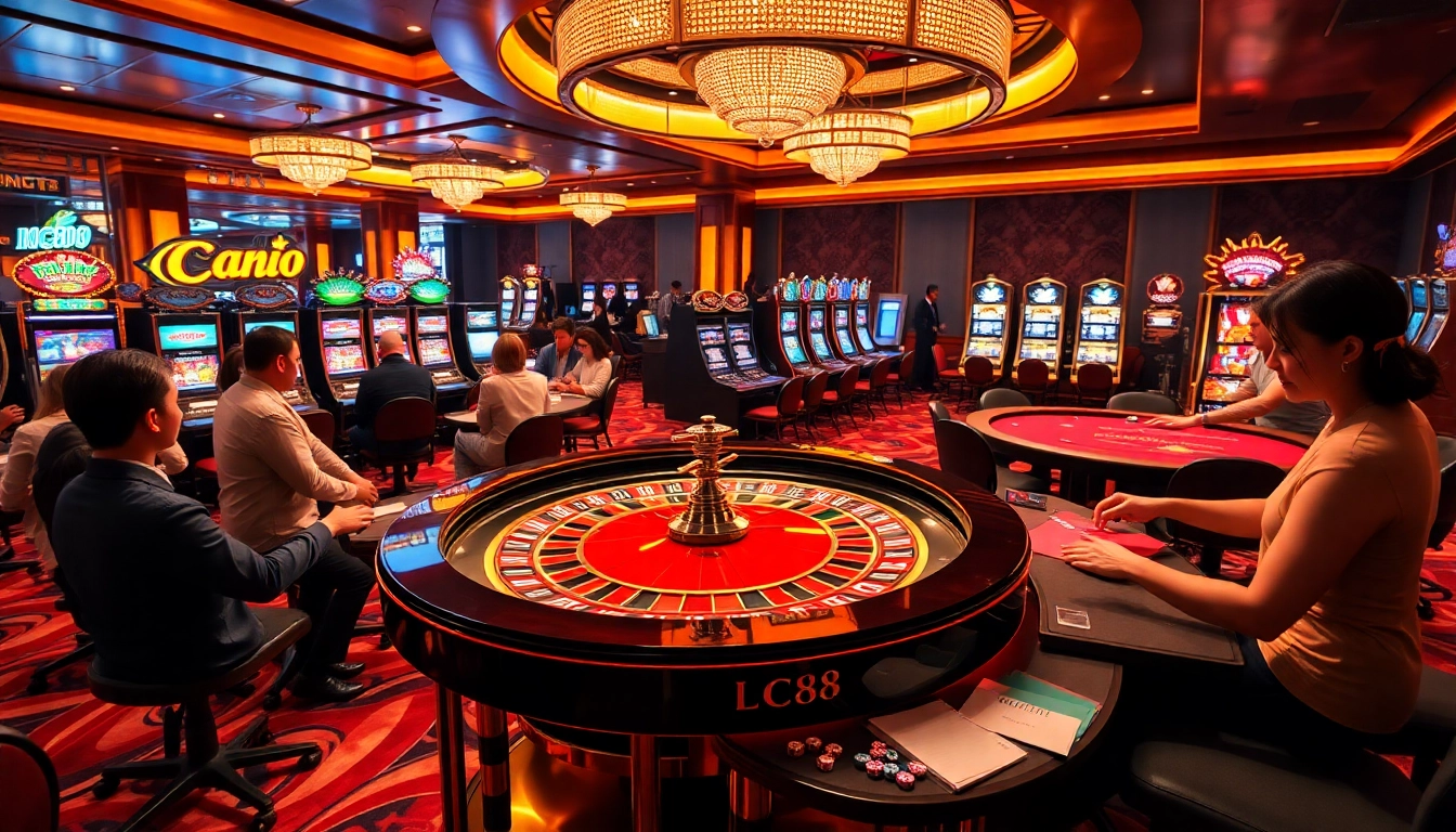 Experience the excitement of gambling at LC88 Land with vibrant tables and flashing slot machines.