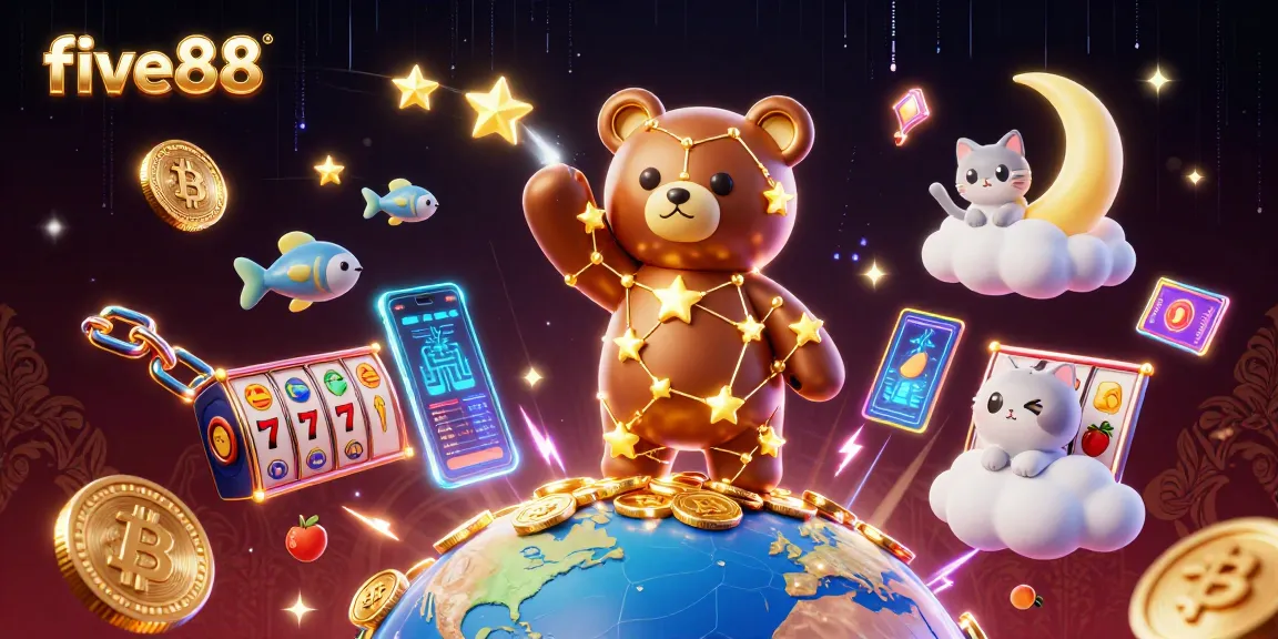 Experience dynamic gaming action at five88 with a lively 3D casino illustration featuring colorful coins and gambling elements.