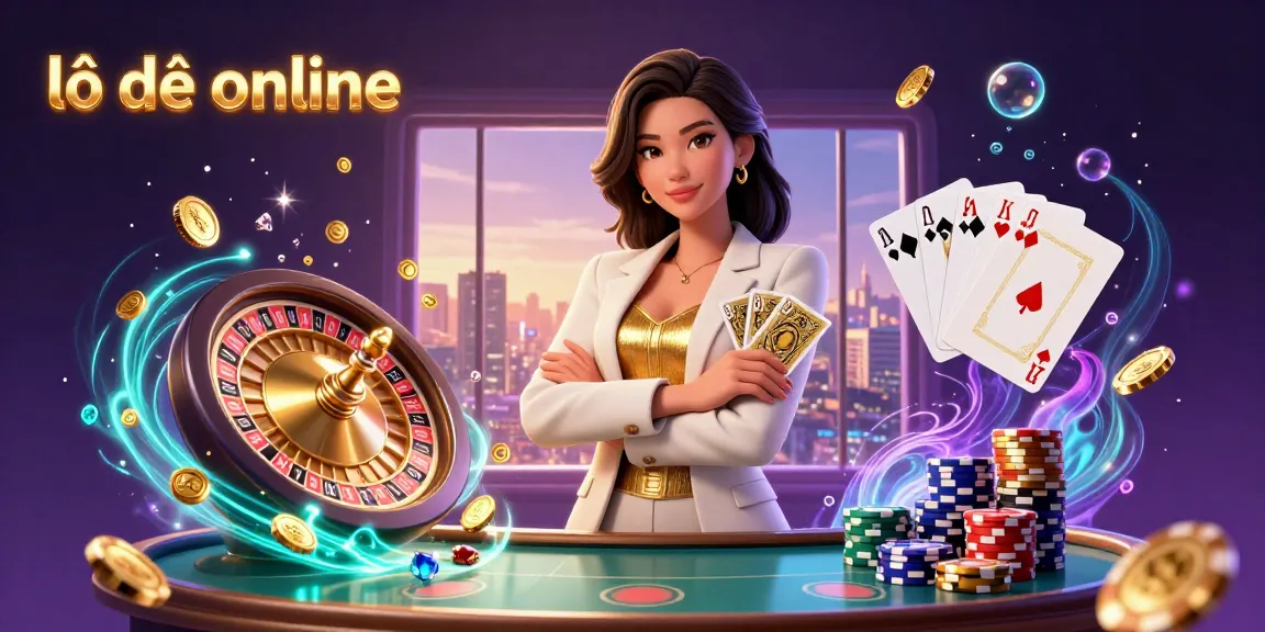 Experience lô đề online with a vibrant casino scene featuring golden coins, poker chips, and a powerful businesswoman.