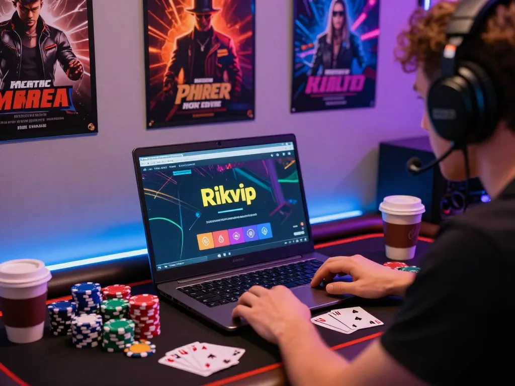 Player engaged in Rikvip online gaming, showcasing poker chips and vibrant screen lights for an exciting experience.
