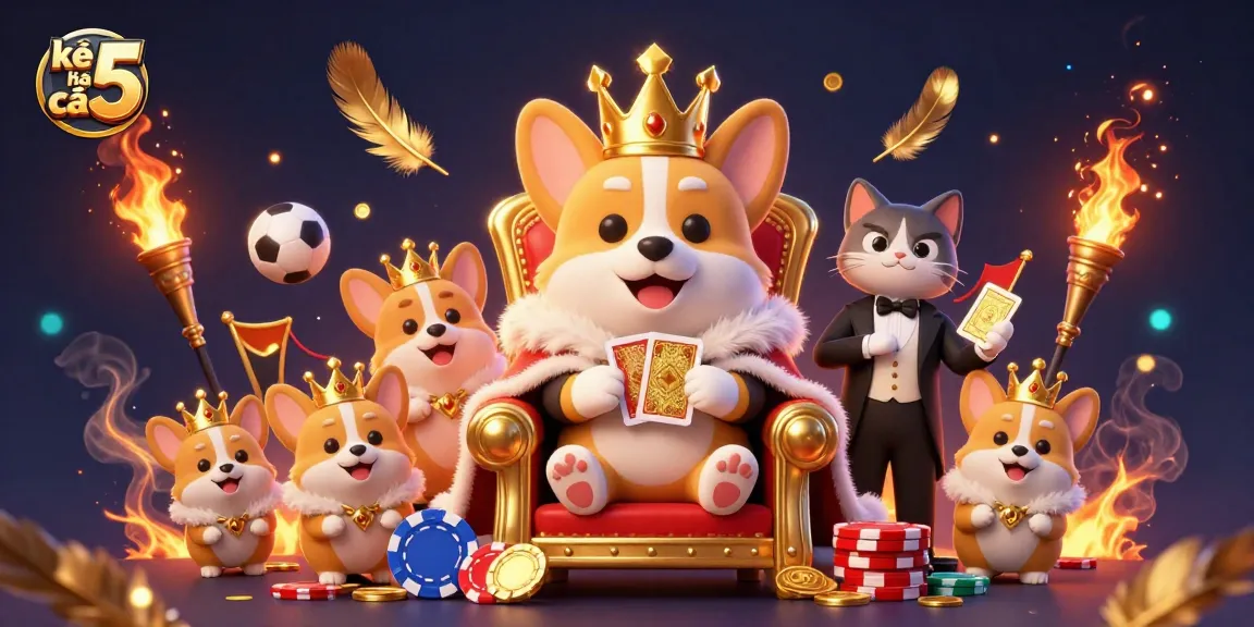 Engage in thrilling sports betting with the energetic scene of kèo nhà cái 5, featuring a crowned corgi amidst dynamic game elements.