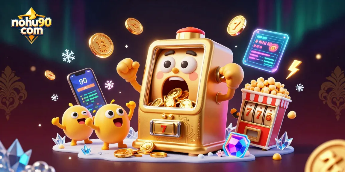 Experience gaming excitement with nohu90 com's golden slot machine hitting jackpots, surrounded by cheering mini machines.