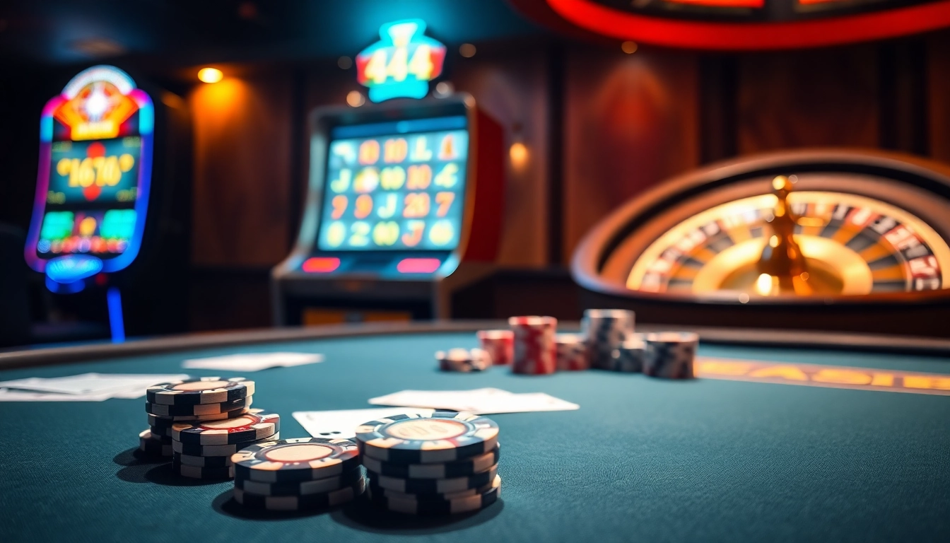 Experience thrilling gameplay at l444 with a vibrant casino scene featuring poker tables and roulette.