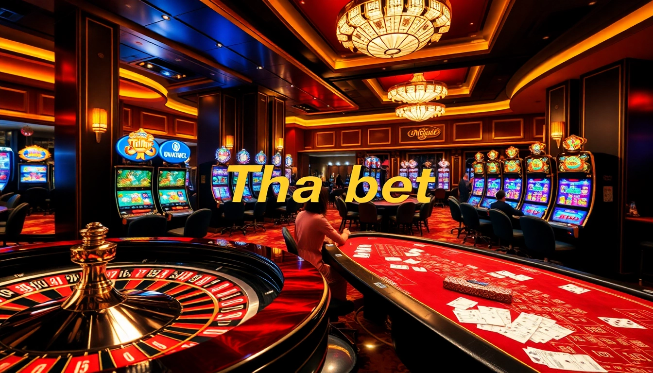 Thrilling casino scene showcasing vibrant slots and elegant tables at Tha bet, capturing luxury and excitement.