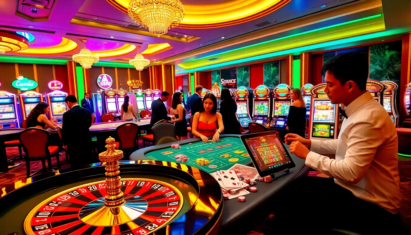 Gamblers strategizing at Jun88 casino with lively tables and vibrant slot machines.
