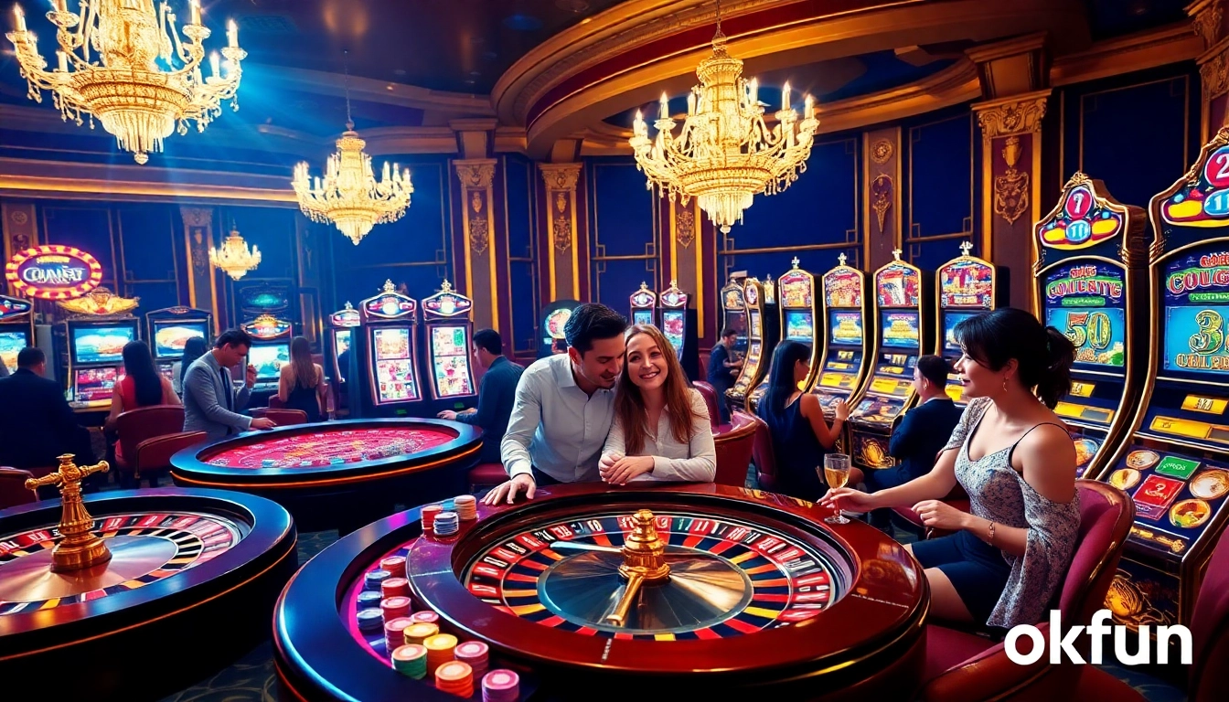 Players enjoy thrilling games at okfun's luxurious casino, showcasing vibrant tables and exciting slot machines.