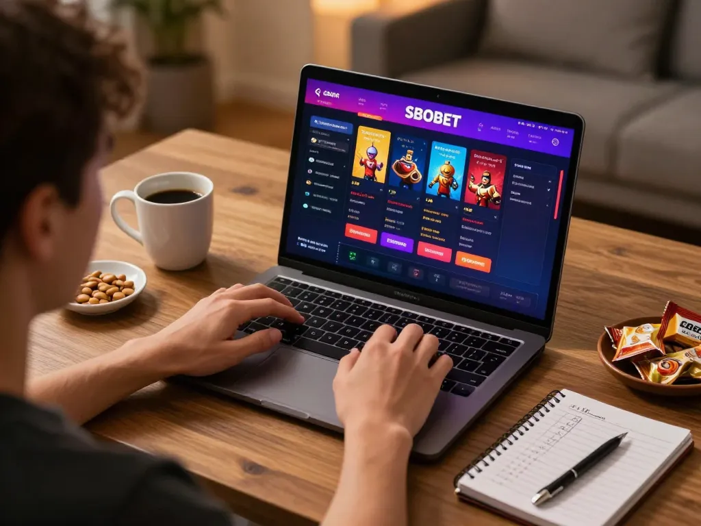 Engaged player placing bets on sbobet platform using their laptop in a cozy, modern environment