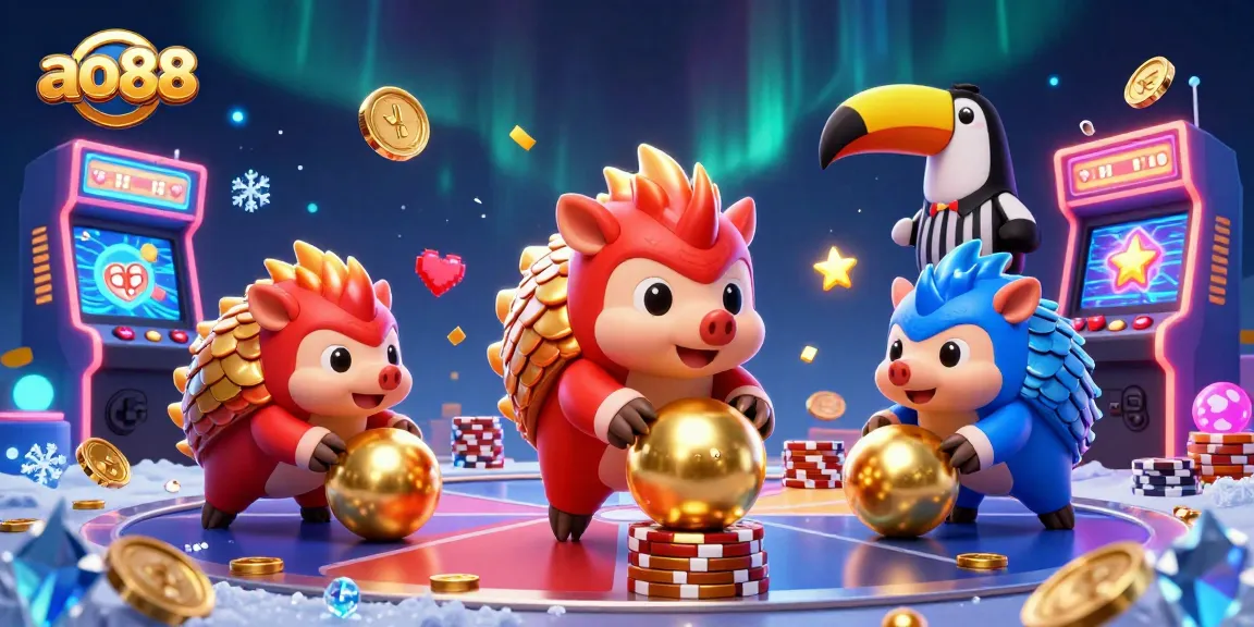 Engage with ao88's thrilling slots in a vibrant casino scene featuring dynamic pangolin characters.
