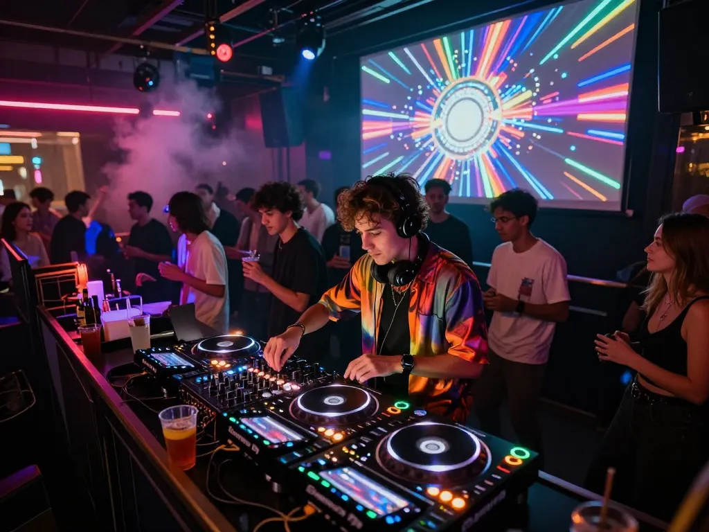 8Day electronic music event with DJ mixing, vibrant nightlife atmosphere, upbeat crowd enjoying the show.