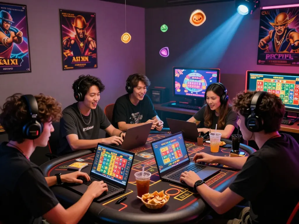 Engaged gamers playing rik vip games on mobile devices and laptops in vibrant atmosphere.