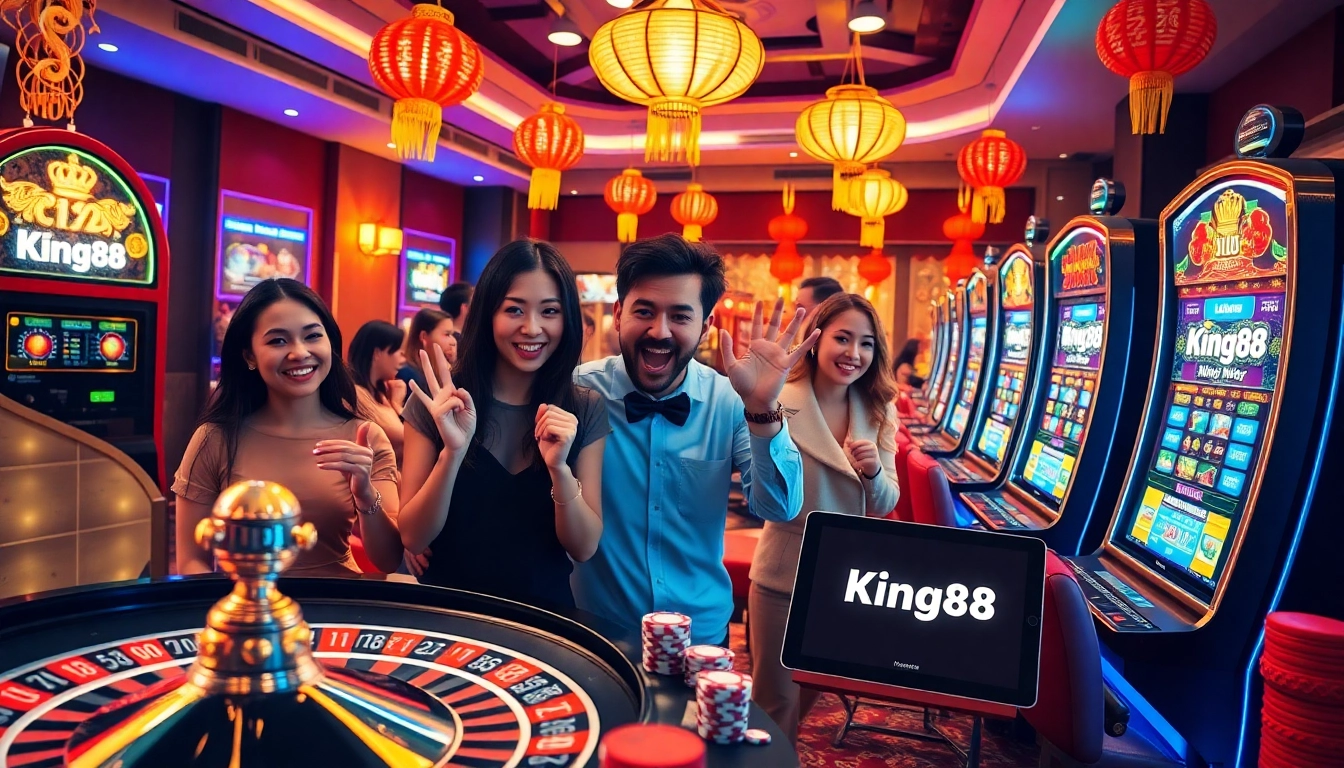 King88 players enjoying vibrant slots and roulette in a luxury casino setting.