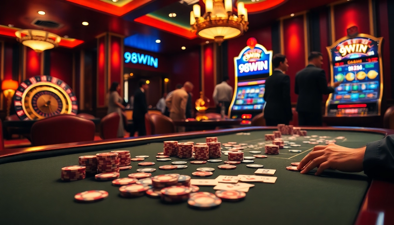 Experience the thrill of 98WIN with vibrant casino games featuring poker chips, cards, and a roulette wheel.