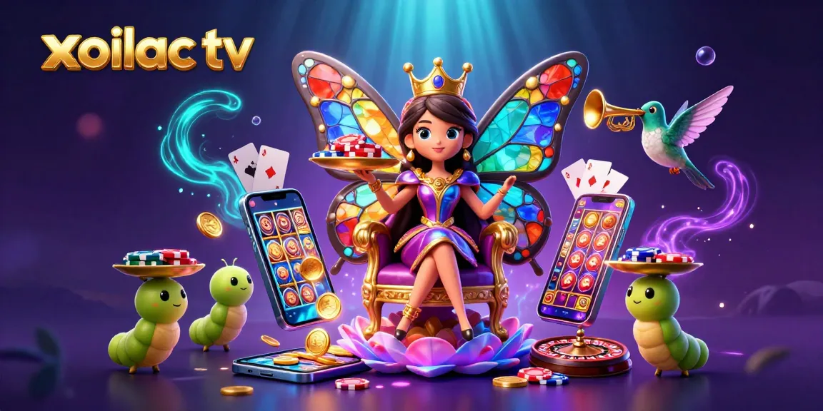 Xoilac TV showcases live poker action with a queen and vibrant casino elements, enhancing your gaming experience.