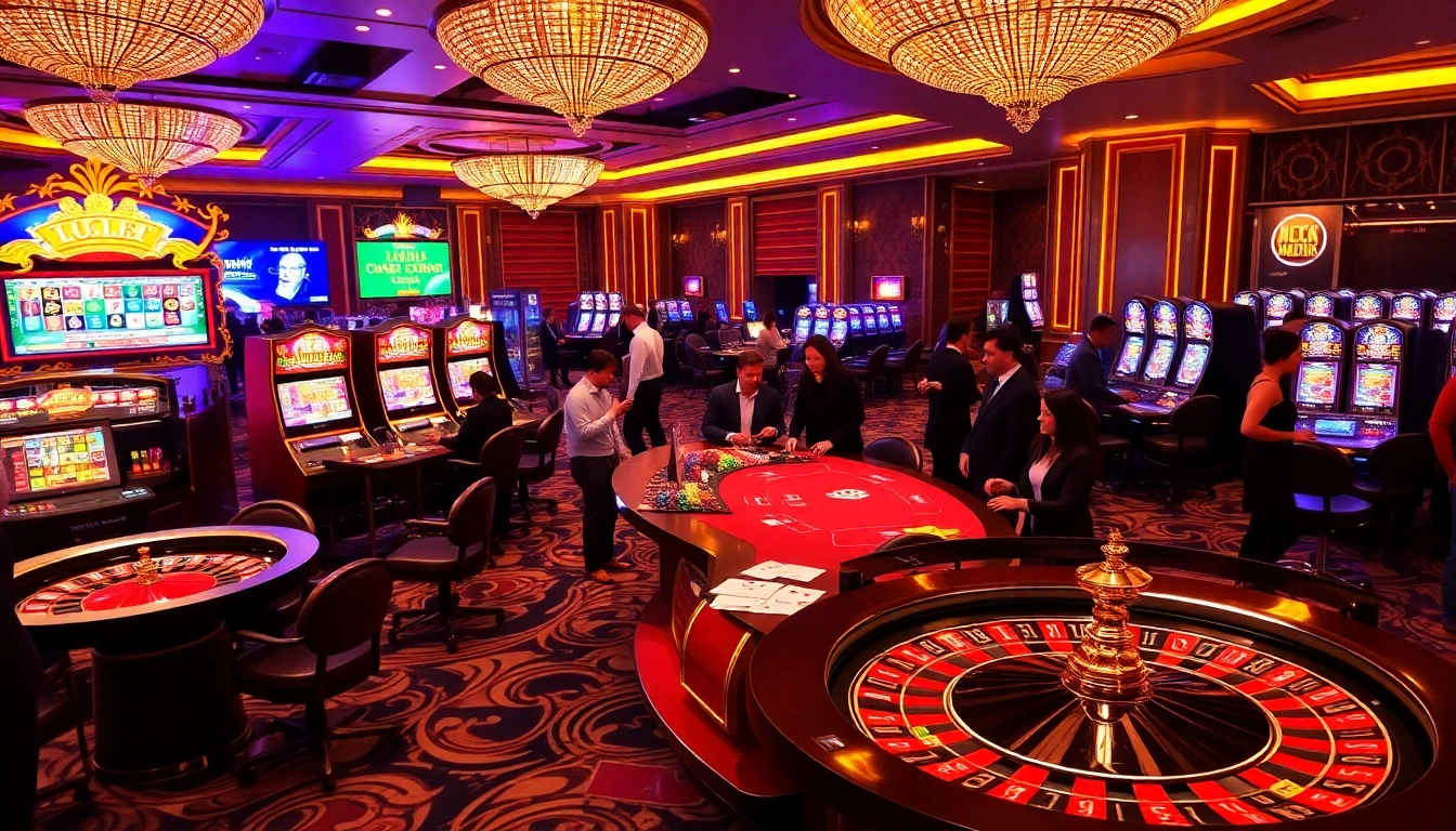 Players enjoying the excitement of casino games at https://luck8.media/ with vibrant tables and slot machines.