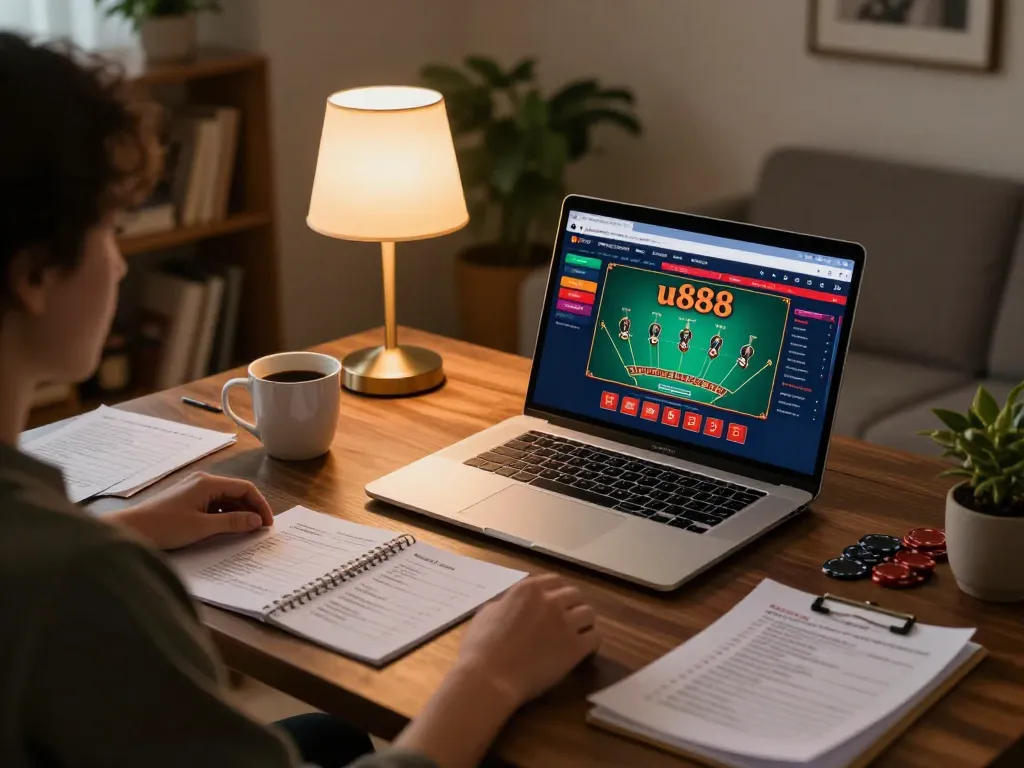 Engaging home gaming session at u888, showcasing dynamic blackjack on a laptop.