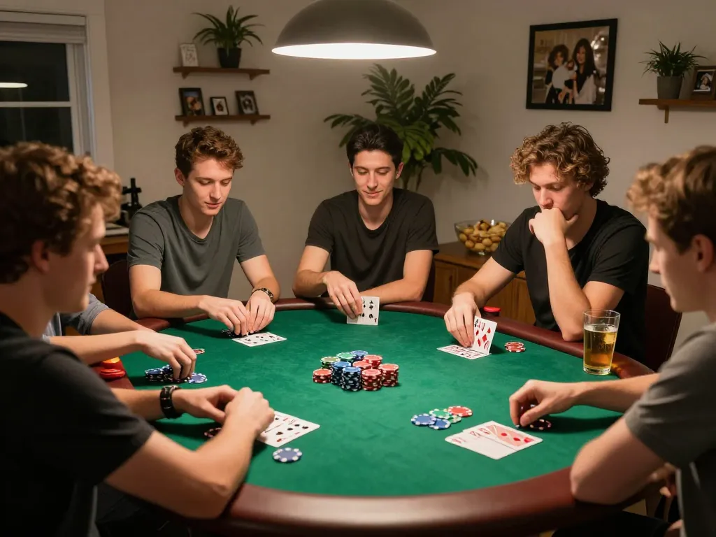 Engaged players at a poker table enjoy social gaming on the Cổng game 9bet, showcasing friendly competition.