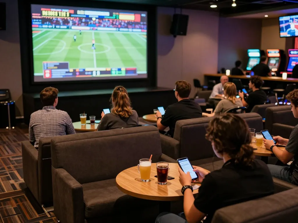Patrons engaging in sports betting at Hitclub's modern lounge with live events displayed.