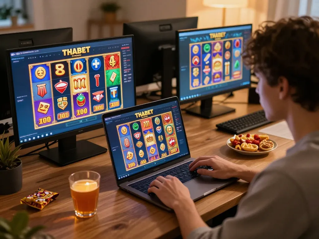 Engaging online gaming experience at THABET with vibrant slot visuals and cozy home setting