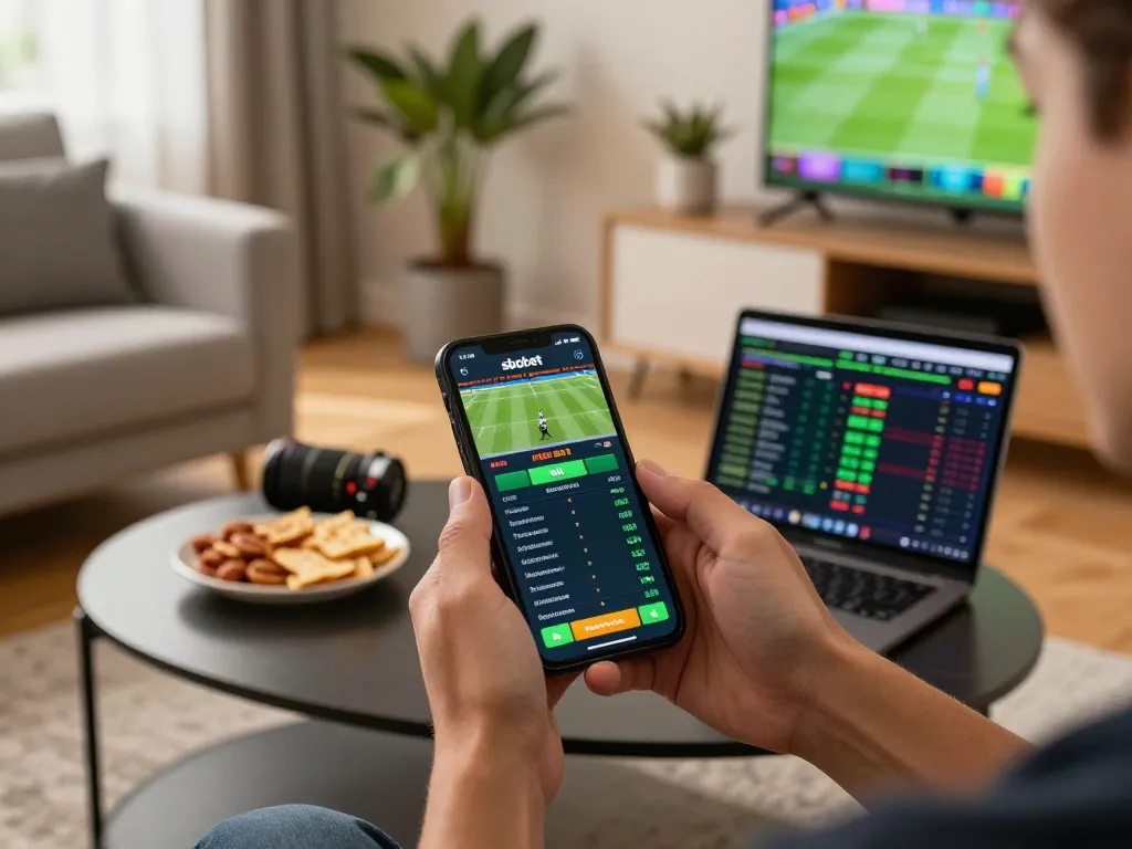 SboBet sports betting app displayed on smartphone during an exciting gaming session in a cozy home setting.