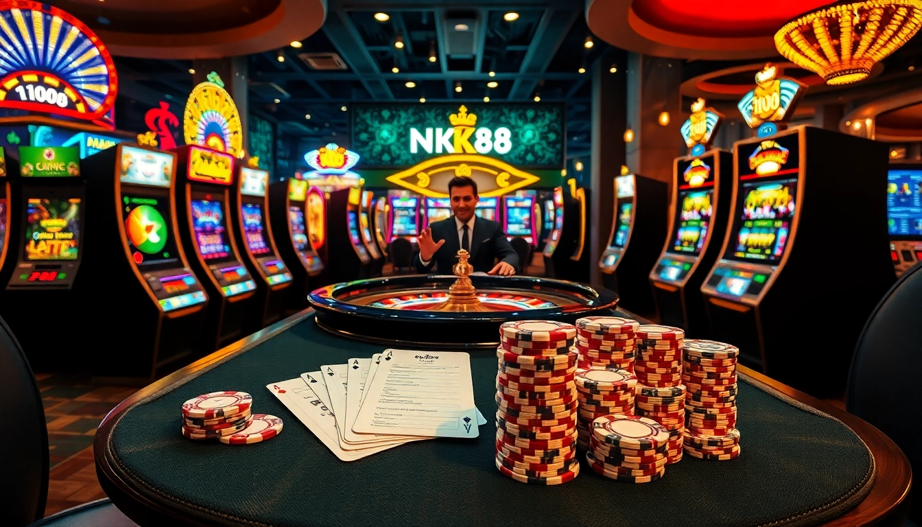 Experience the thrills of nk88 bet with vibrant roulette tables and stacked poker chips.
