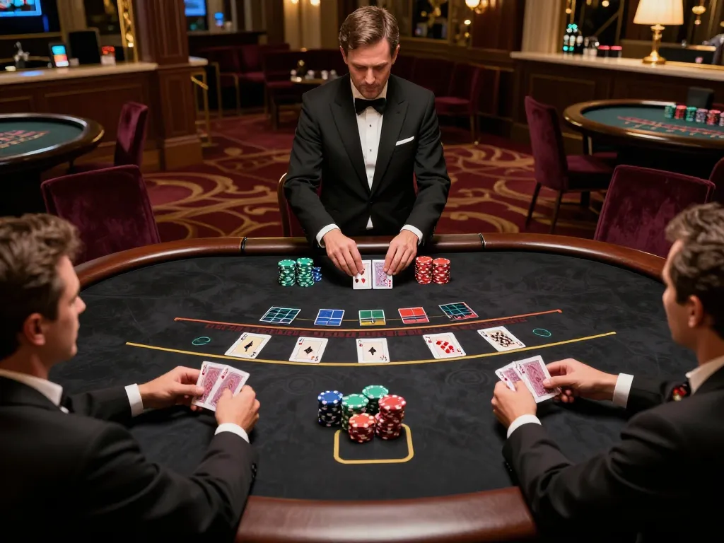 Players engaging in a strategic game of blackjack at an upscale casino, showcasing SC88 environment and betting activity.