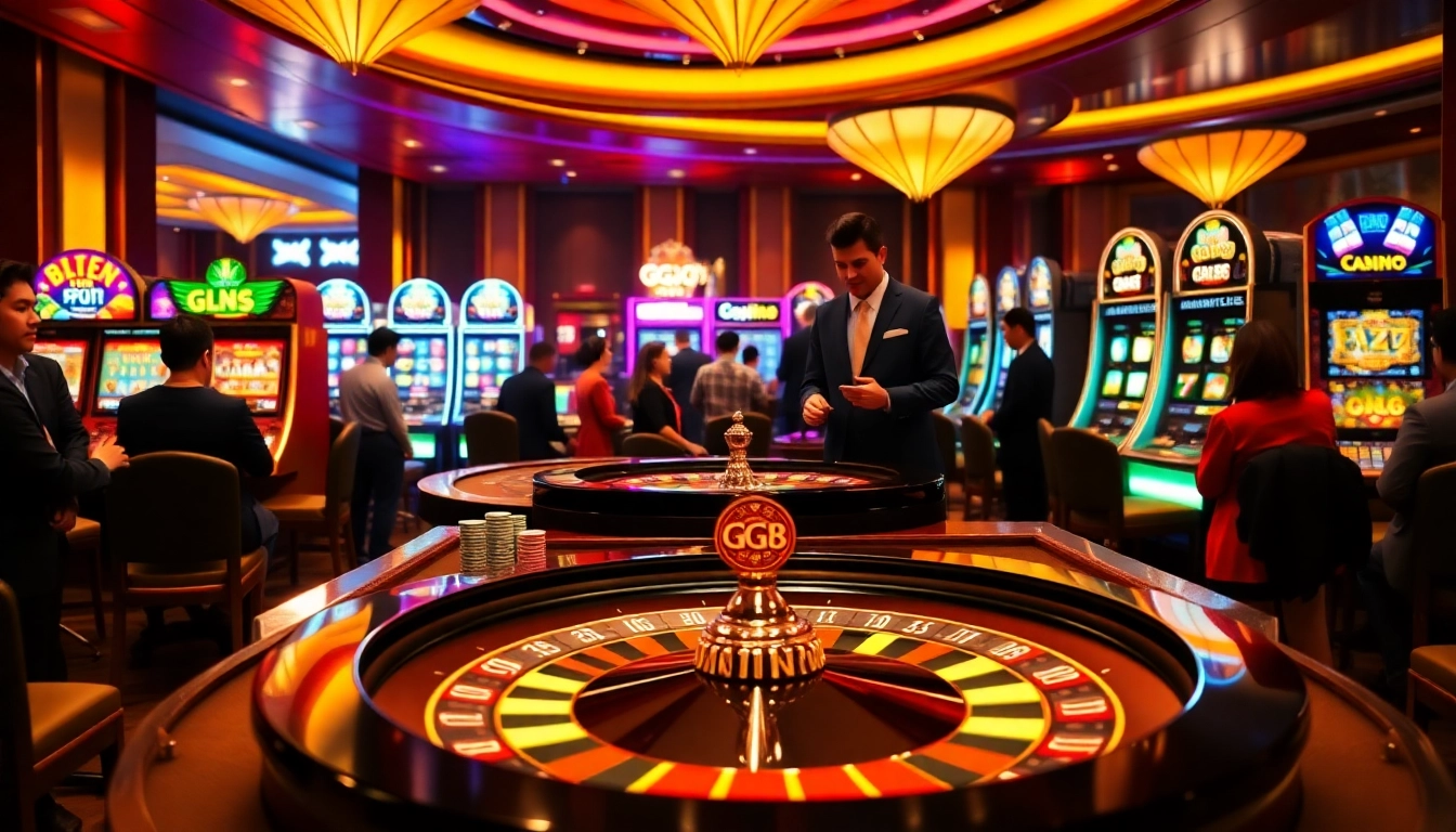 Players engaging at a GG 88 gaming table, chips and roulette wheel in a vibrant casino.