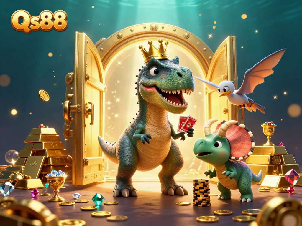 Experience gaming excitement with Qs88's lively T-Rex, pterodactyl, and triceratops in a treasure-filled scene.