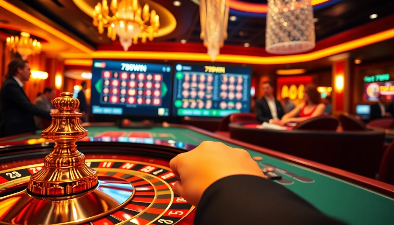 Create thrilling moments of high-stakes betting at 789WIN with vibrant casino visuals featuring roulette and poker action.