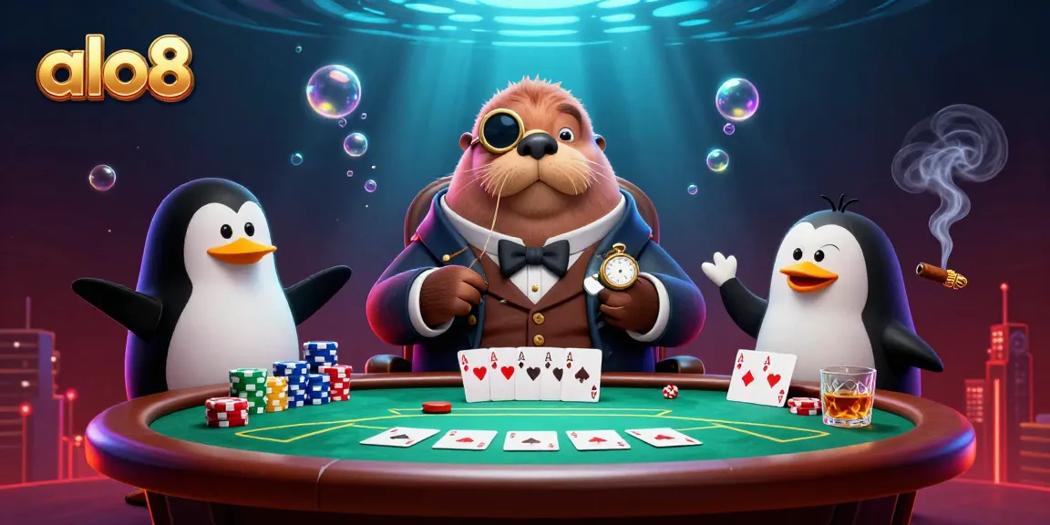 Experience thrilling moments at alo8 with a jolly walrus and players in a captivating poker scene.