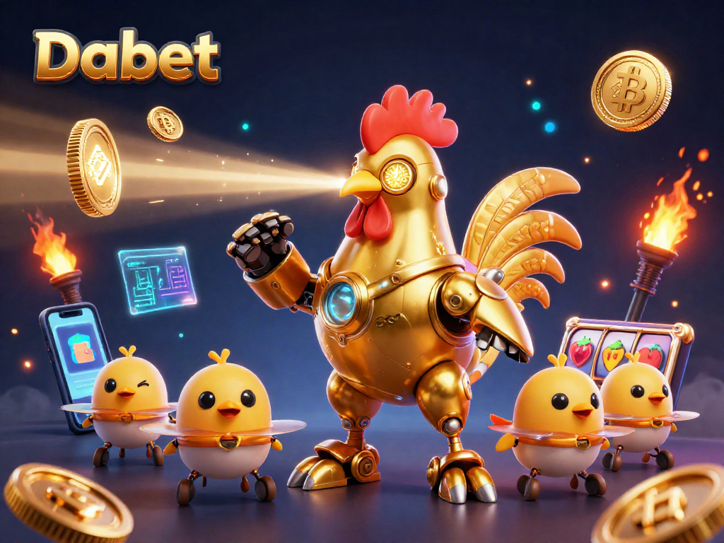 Dabet offers thrilling slots action with a futuristic golden rooster robot and baby chick drones.