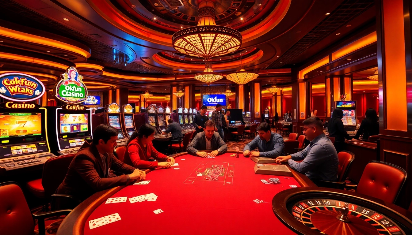 Experience the excitement of okfun casino with players engaged at a vibrant poker table.