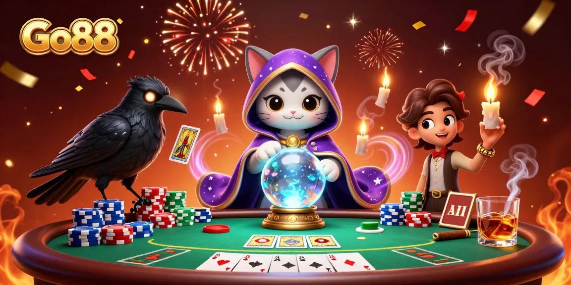 Engage with Go88's exciting gaming atmosphere featuring a vibrant 3D illustration of a mystical fortune teller cat.