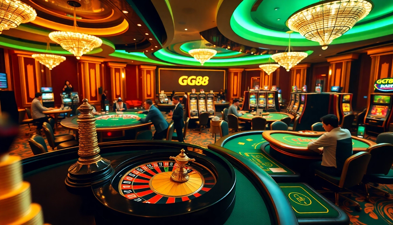 Experience thrilling gameplay at GG88 with players at poker tables, roulette wheels, and slot machines.