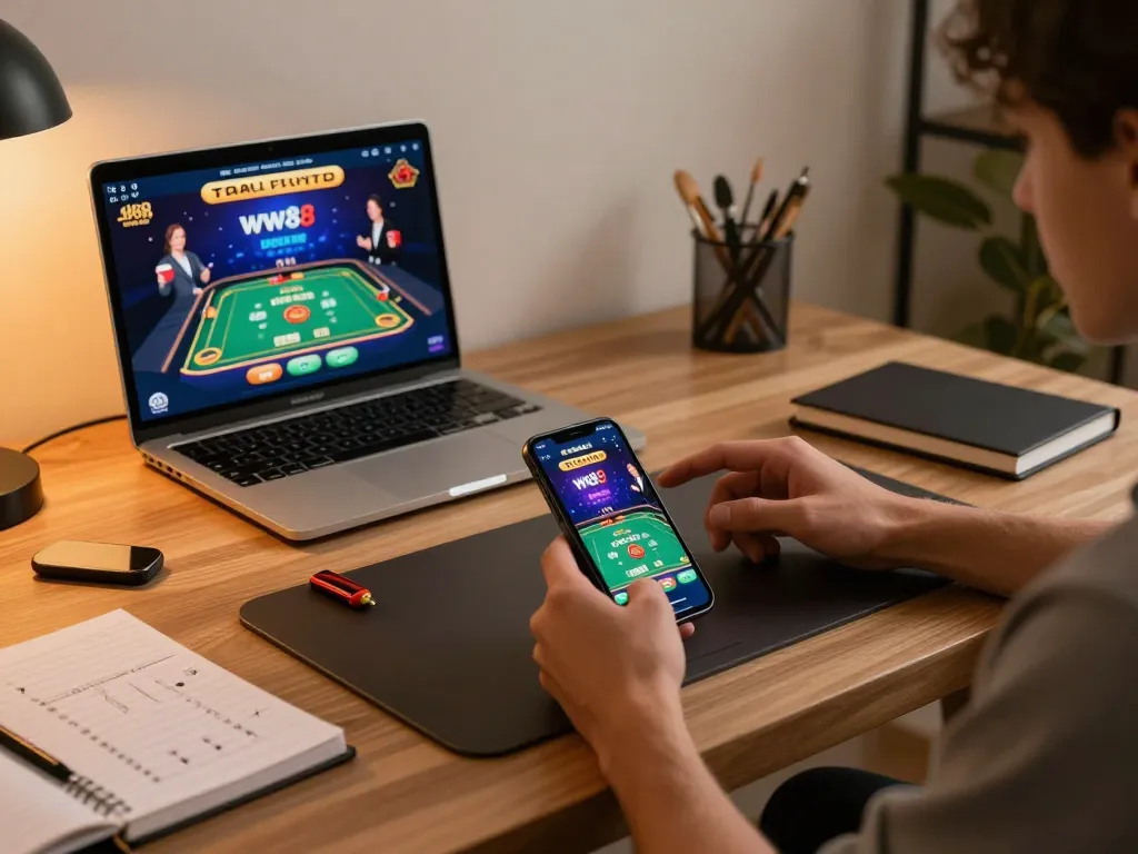 Engaging in strategic gameplay on the ww88 mobile app in a modern home office setup