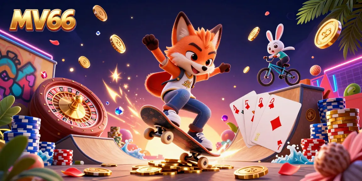 Experience the excitement of MV66 with a dynamic 3D illustration featuring a fox and rabbit in a colorful casino scene.