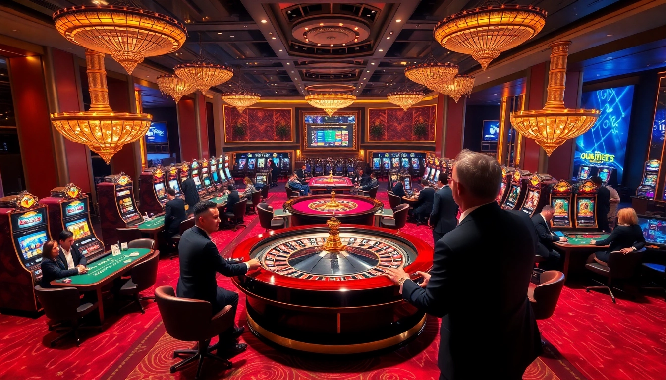 Players enjoying exciting casino games like kl99 at an upscale gambling venue with vibrant slots.