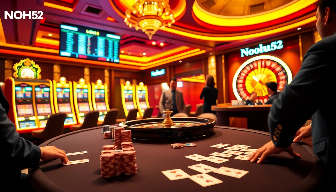 Engage in thrilling games at NOHU52, showcasing a vibrant casino atmosphere with poker chips and roulette.