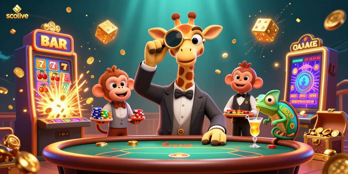 Socolive offers high-stakes gambling excitement with a giraffe high-roller at a poker table.