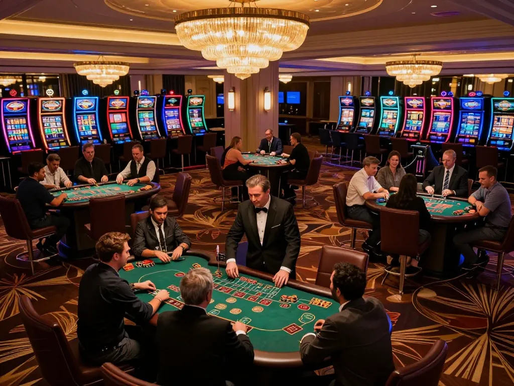 Players enjoying blackjack games on 789win com casino floor, illuminated by elegant lighting.