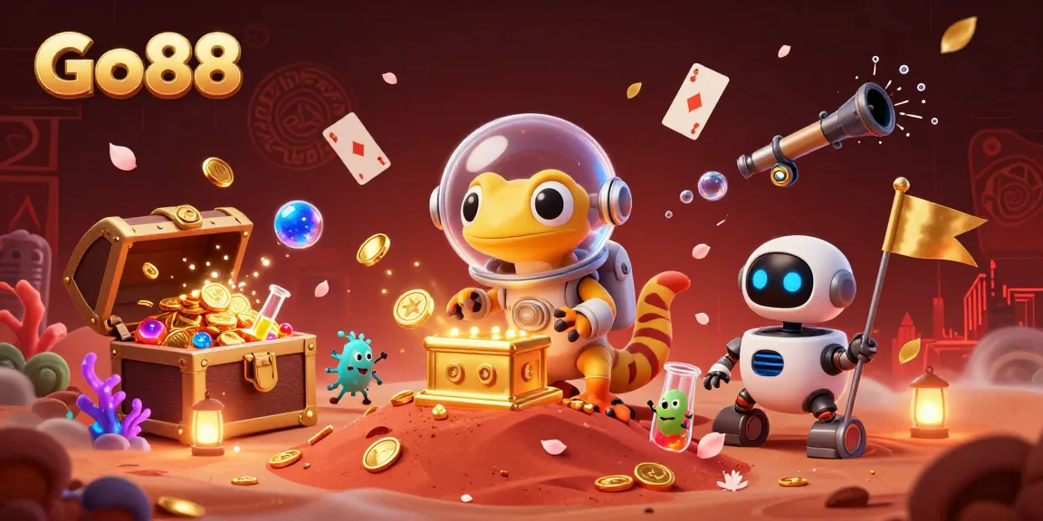 Experience Go88's vibrant virtual casino world featuring a Martian gecko and treasures in 3D.