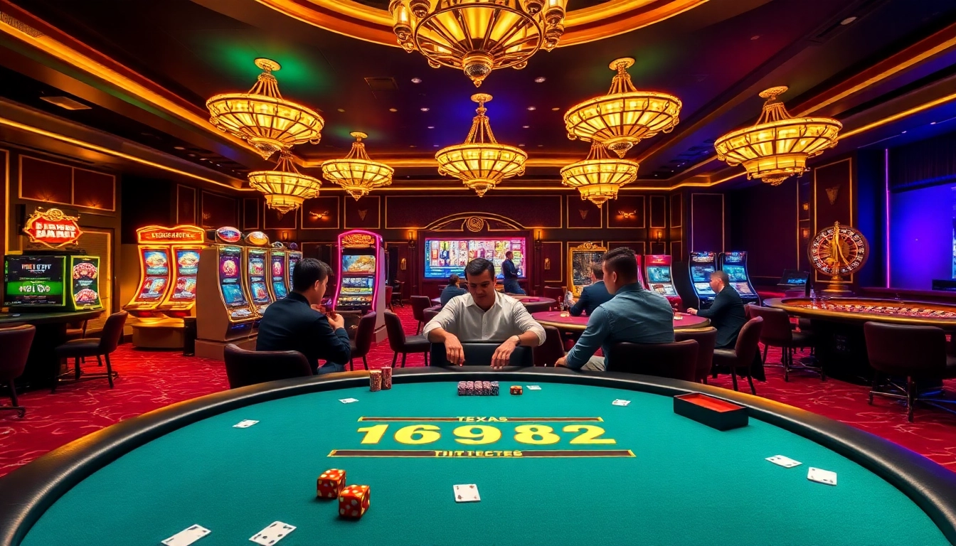Engaged players at a Texas Hold'em table celebrate their wins at Luckywin com, surrounded by vibrant casino decor.