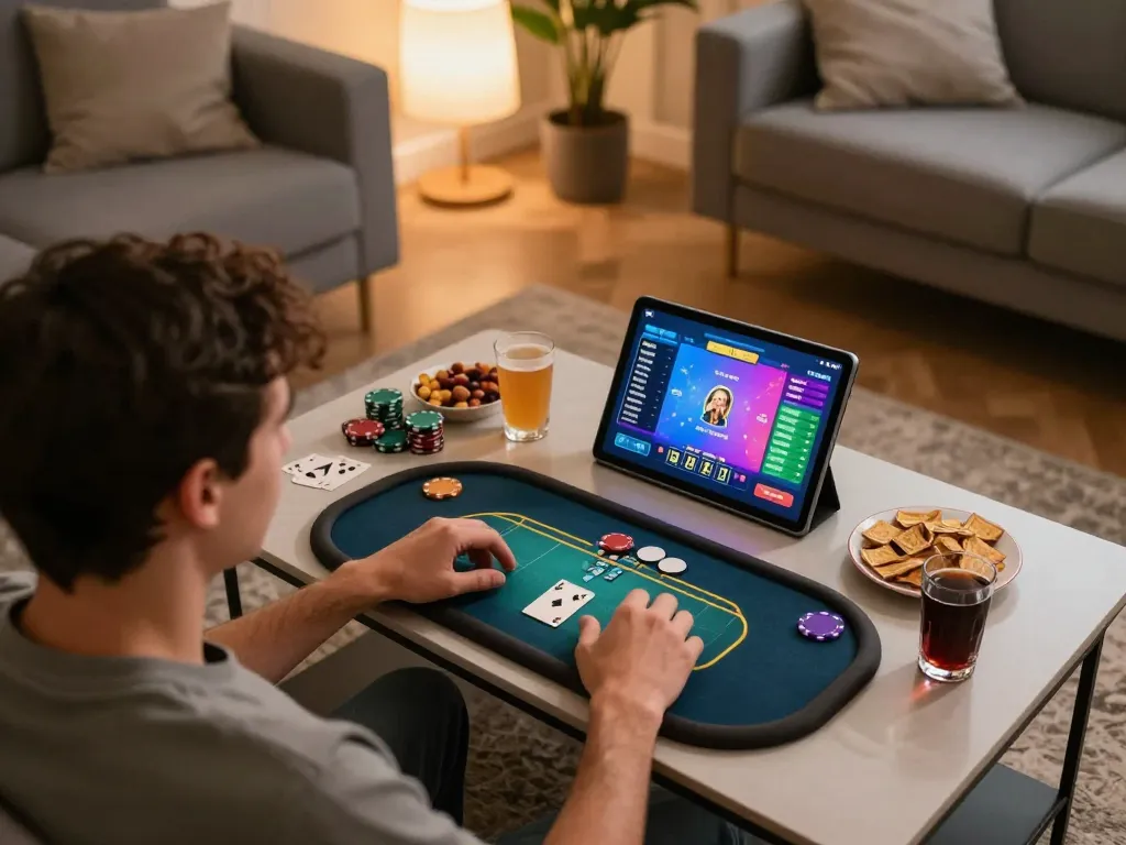 Player enjoying an online poker night at home using 68gamebaivn for engaging gameplay with snacks.
