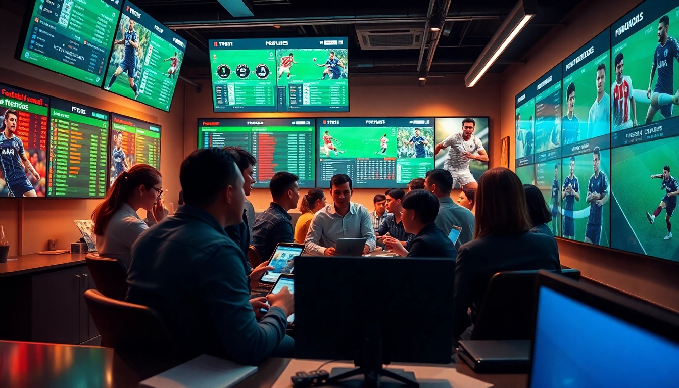 Engaging scene of sports enthusiasts using tylelekeo88 for real-time betting and football statistics.