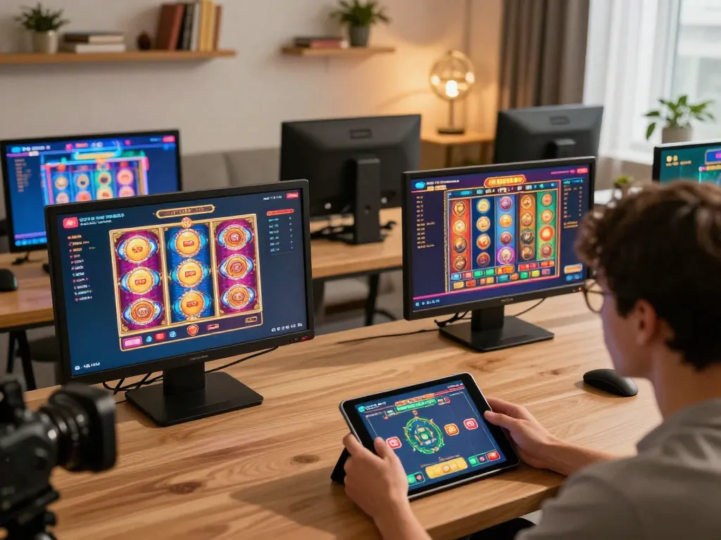 Engaging online gaming scene with rikvip's diverse casino games displayed on tablet screen
