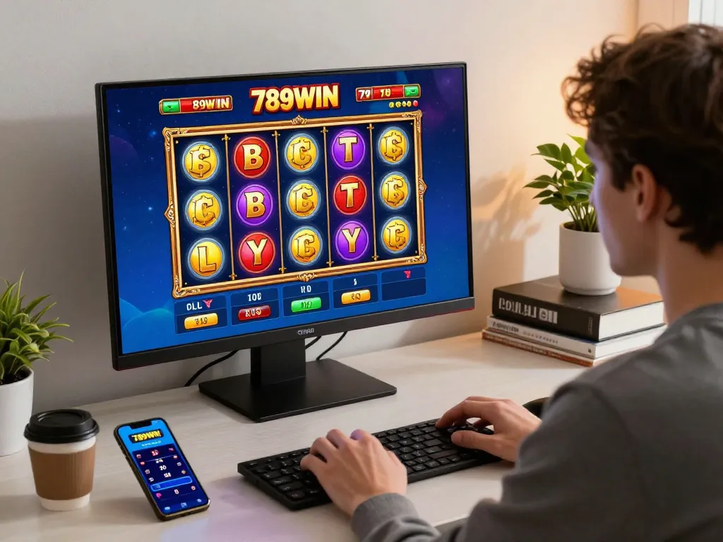 Engaging online gaming session featuring 789WIN slot game with colorful reels and focused player.
