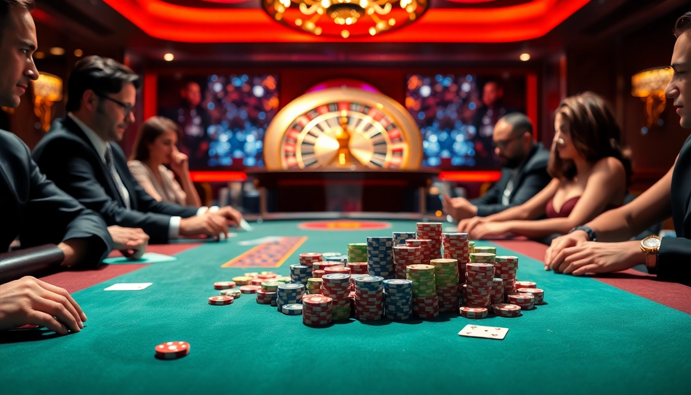 Players engaging in a poker game at nk 88 casino, showcasing vibrant chips and cards.