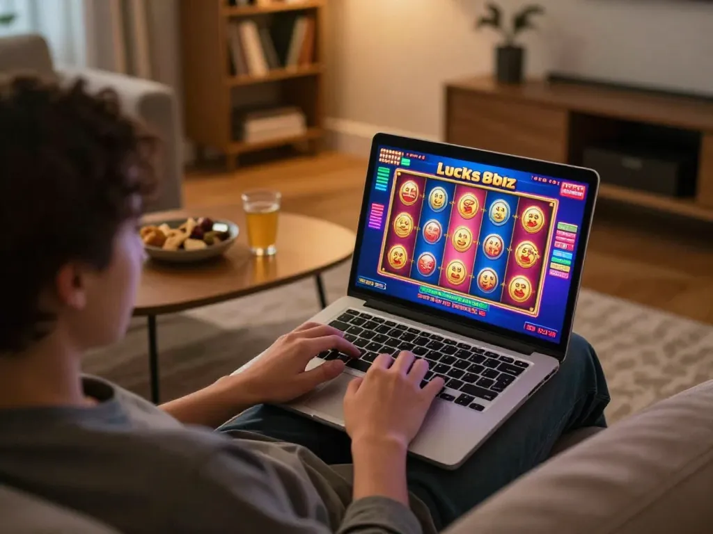 Player enjoying engaging slot games at luck8biz online casino in cozy home setup.