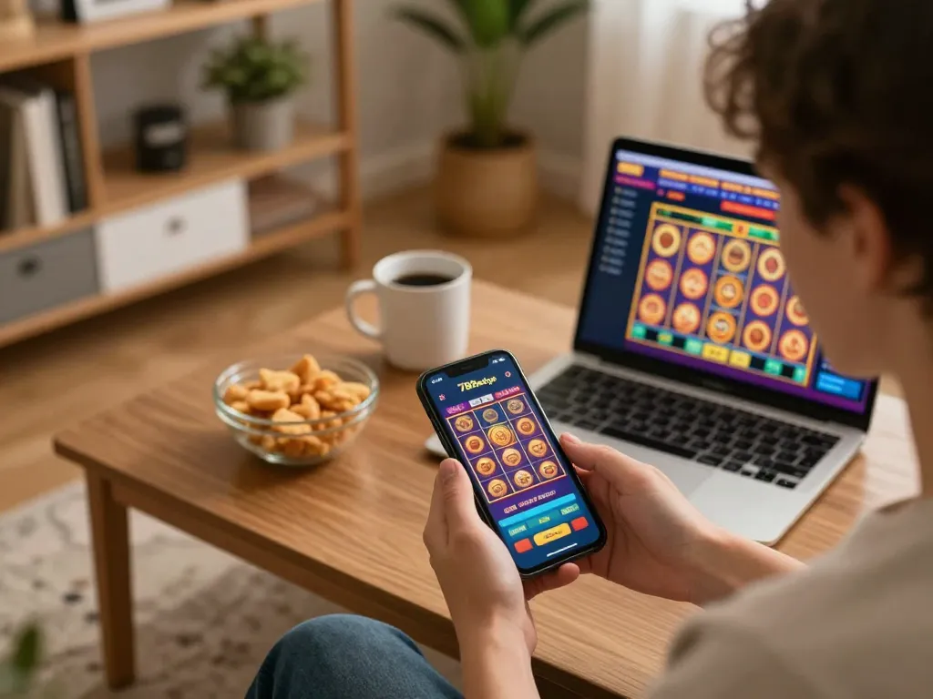 Player engaging with 789betgo mobile app for online gambling in a cozy home setting.